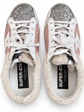 Golden Goose Super-Star Sabot Pink Silver Glitter Shearling Sneakers EU 38